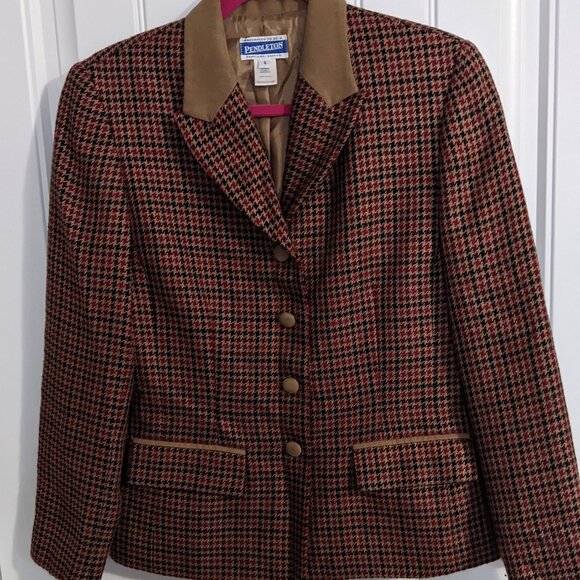 Pendleton Houndstooth wool blazer with suede like collar - Picture 1 of 15